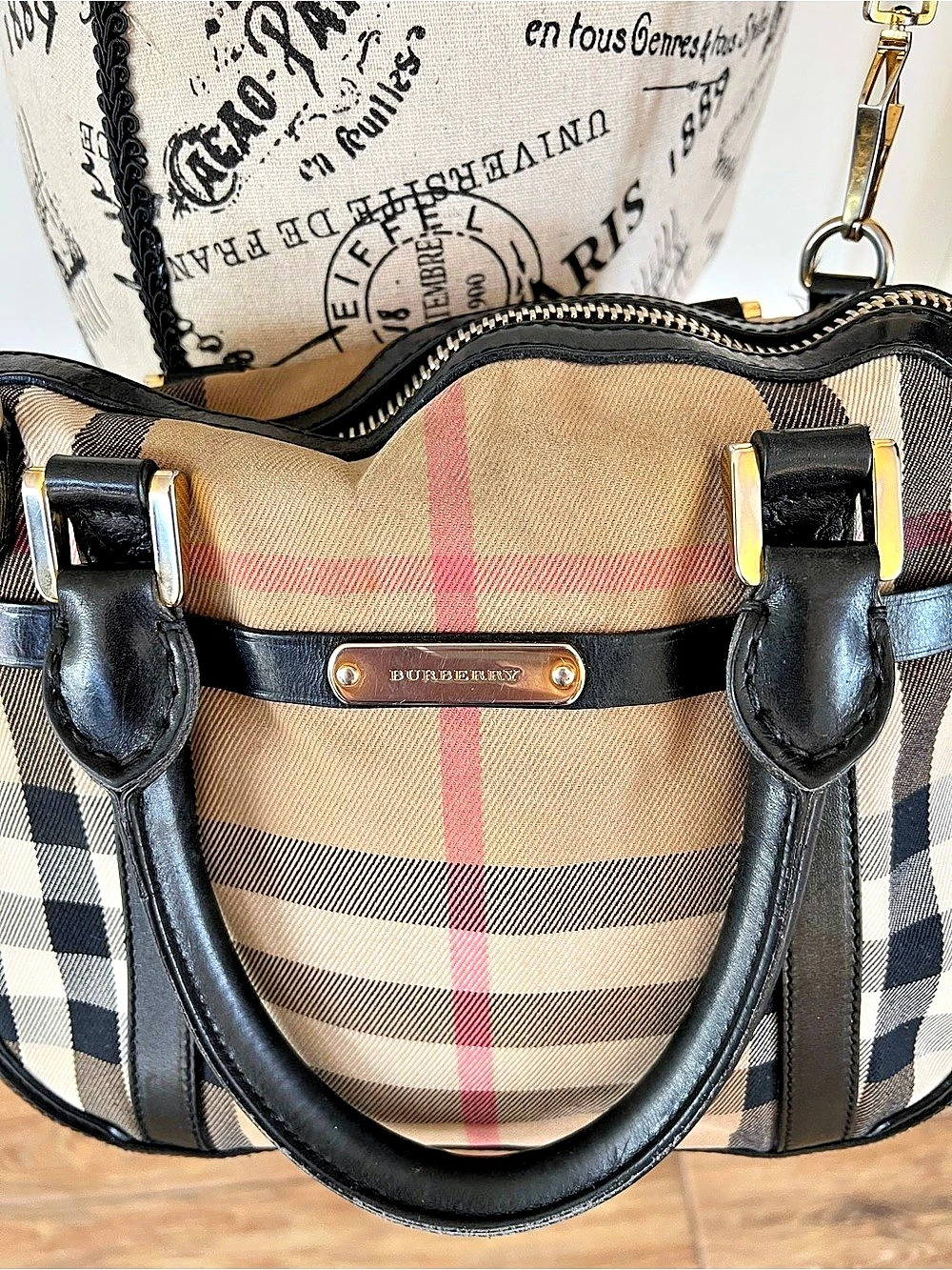 Burberry House Check Canvas Chester Bowling Bag Satchel Brown & Black - Picture 2 of 12